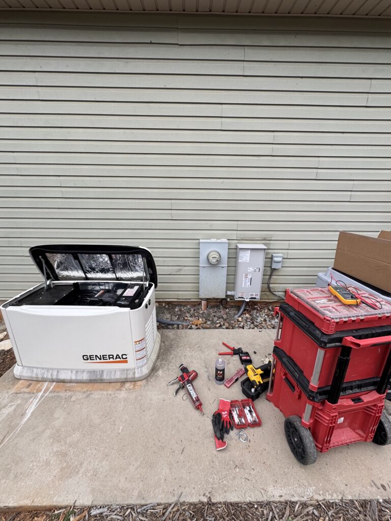 Generac whole-home backup generator installation with Milwaukee tool setup